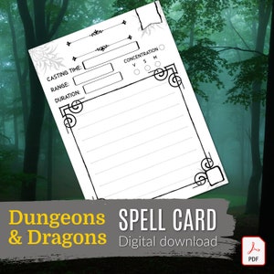 DND SPELL CARD / Dungeons and Dragons / Pathfinder / Spellcaster / Dnd 5e/ Digital Download