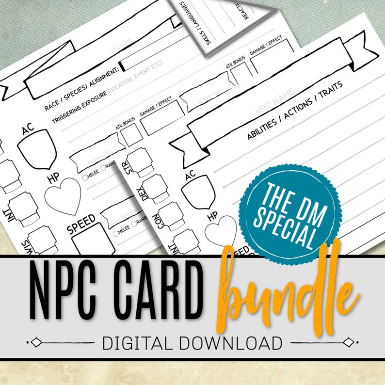 Puede incluir: Una descarga digital imprimible de una hoja de personaje en blanco y negro para juegos de rol. La hoja est&aacute; etiquetada como "NPC Card Bundle" e incluye espacios para el nombre del personaje, habilidades, acciones, rasgos, raza, alineaci&oacute;n, exposici&oacute;n desencadenante, bonificaci&oacute;n de ataque, da&ntilde;o, efecto, puntos de vida, clase de armadura, velocidad, alcance cuerpo a cuerpo, destreza, fuerza, constituci&oacute;n, sabidur&iacute;a, inteligencia y habilidades. La hoja est&aacute; dise&ntilde;ada para ser impresa y utilizada para crear personajes no jugadores en juegos de rol.