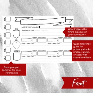 Puede incluir: Una hoja de personaje imprimible en blanco y negro para juegos de rol. La hoja incluye espacios para estad&iacute;sticas, habilidades, ataques y efectos. El texto "What triggers this NPC's exposure in your adventure?" y "Quick reference guide for primary attacks (melee, ranged, or spell) with space for effects" est&aacute; incluido.