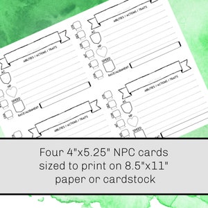 Puede incluir: Cuatro hojas de personaje imprimibles en blanco y negro para juegos de rol. Cada hoja mide 4 pulgadas por 5,25 pulgadas y est&aacute; dise&ntilde;ada para caber en papel o cartulina de 8,5 pulgadas por 11 pulgadas. Cada hoja tiene espacios para el nombre del personaje, habilidades, acciones, rasgos, clase de armadura, puntos de golpe, velocidad, raza y alineaci&oacute;n.