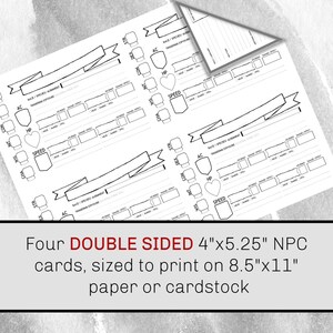 Puede incluir: Cuatro hojas de personaje imprimibles a doble cara en blanco y negro para juegos de rol. Cada hoja mide 10,16 cm por 13,34 cm y est&aacute; dise&ntilde;ada para imprimirse en papel o cartulina de 21,59 cm por 27,94 cm.