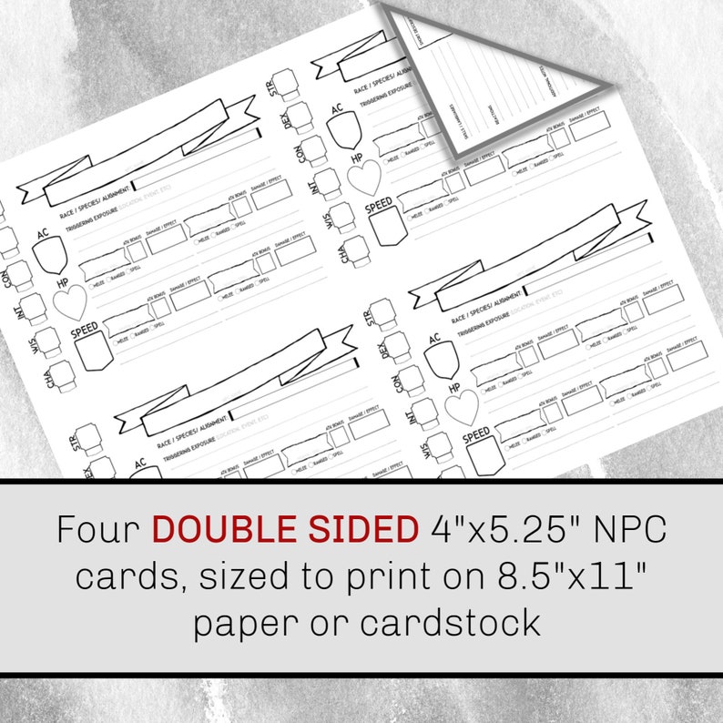 Puede incluir: Cuatro hojas de personaje imprimibles a doble cara en blanco y negro para juegos de rol. Cada hoja mide 10,16 cm por 13,34 cm y est&aacute; dise&ntilde;ada para imprimirse en papel o cartulina de 21,59 cm por 27,94 cm.