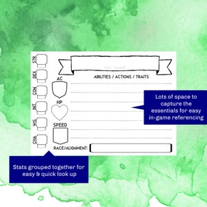 Puede incluir: Una hoja de personaje imprimible para juegos de rol. La hoja tiene espacios para estad&iacute;sticas de personaje, habilidades, acciones, rasgos, raza, alineaci&oacute;n y un &aacute;rea grande para notas. El texto "Mucho espacio para capturar lo esencial para una f&aacute;cil referencia en el juego" est&aacute; incluido.