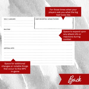 Puede incluir: Una hoja de personaje imprimible para juegos de rol. La hoja tiene secciones para habilidades, idiomas, reacciones, notas adicionales y una breve descripci&oacute;n del personaje. La hoja tambi&eacute;n incluye espacio para informaci&oacute;n adicional sobre los ataques y reacciones del personaje durante el combate.