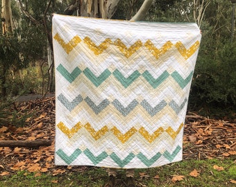 Yellow, Green and Blue Mayfair Thrive Throw Quilt, Modern Handmade Patchwork Quilt