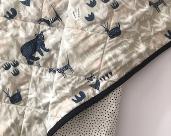 Navy and Grey Woodland Animal Baby Quilt, Modern Baby Quilt, Gender Neutral Baby Quilt, Wholecloth Quilt