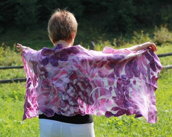 Pink merino wool floral shawl, felted wrap scarf, bridal evening shawl, mom boho gift, summer scarves, festival silk shawl, large scarf