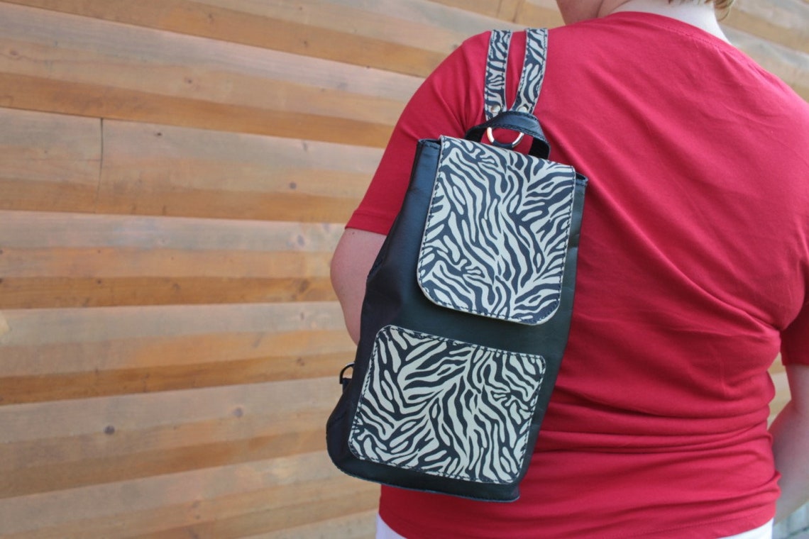 Black White Leather Backpack With Zebra Print Book Shoulder Etsy