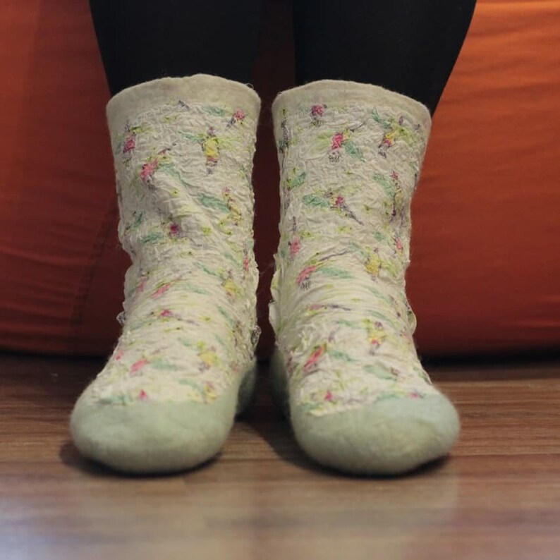 White felted socks with parrot birds design, felt wool slippers, mother birthday gift, funny warm socks, boots women, cozy home shoes image 4