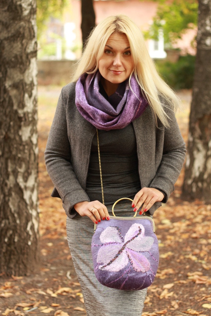 Two Piece Set of Purple Felt Snood and Wool Floral Bag Felted - Etsy