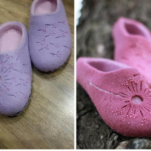Felted wool pink and purple slippers with flower, women house shoes, winter   boots organic clogs 50th birthday gift slide felt slippers
