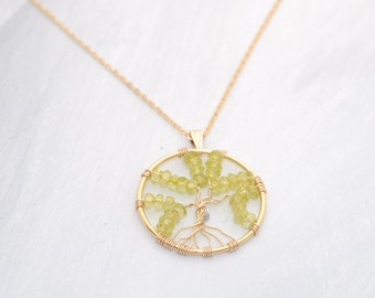 Life tree pendant with yellow-green lemon quartz and small diamond, 14K GF , wire wrapped "be unique"