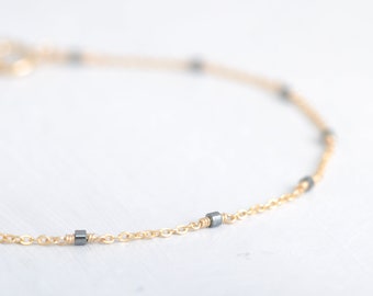 Filigree hematite bracelet, length-adjustable chain with grey hematite (imitation), 14K Gold Filled, Rosé GF or 925 Sterling Silver