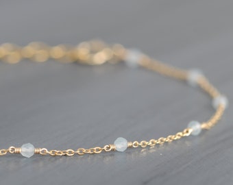 Delicate chalcedony bracelet, adjustable chain with light blue chalcedones, 14K Gold Filled, 14K Rosé GF or 925 Sterling Silver