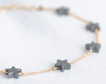 Cute hematite star bracelet, length-adjustable chain with 5 mm hematite stars, 14K Gold Filled or Rosé GF