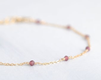 Lovely garnet bracelet, adjustable chain with burgundy garnet beads, 14K Gold Filled, Rosé GF or 925 Sterling Silver