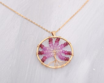 Tree of life pendant with pink ruby in gradient and small diamond, 14K GF , wire wrapped "be unique"