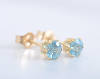sparkling zircon stud earrings, 4.1 mm bright light blue genuine zircons, 14K gold filled or 925 sterling silver