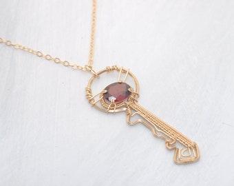 Wonderful Key Pendant with Red Garnet, 14K Gold Filled, Wire wrapped "be unique"