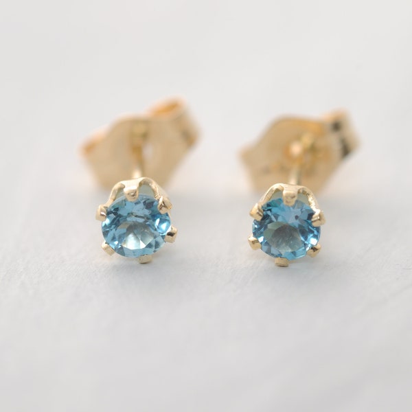 Blue topaz stud earrings, 3 mm sky blue topaz in 14K Gold Filled or 925 Sterling Silver