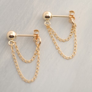 吊り下げチェーン付きのモダンなボールスタッド イヤリング、14K ゴールド フィルド、14K ローズゴールド フィルド、または 925 スターリング シルバーの 3 または 4 mm ボール