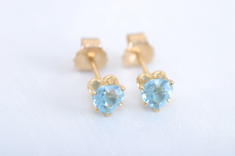 Sweet topaz heart stud earrings, 4 mm bright blue topaz, 14K Gold Filled or 925 Sterling Silver image 4