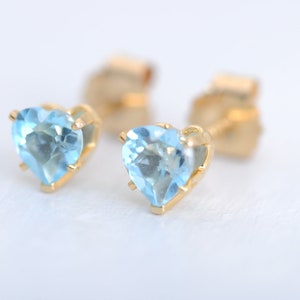 Cute Topaz Heart Stud Earrings 4mm Bright Blue Topaz 14K image 2