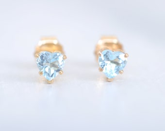 Sweet topaz heart stud earrings, 4 mm light blue topaz, 14K Gold Filled or 925 Sterling Silver