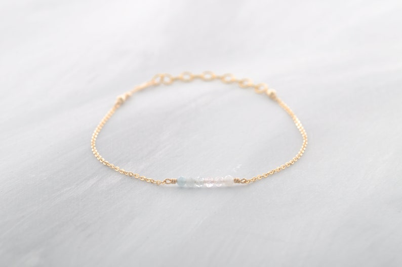 ros\u00e9 GF or silver 14k gf Sweet beryl bracelet with blue aquamarine and pink morganite adjustable