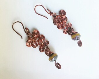 Copper Earrings / Boho Earrings / Spiral Love Earrings / Copper / Wire and Bead / Spirals / Dangles / Glass