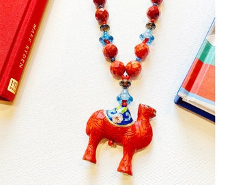 Exotic Necklace / Unique Necklace /  Camel Sentinel Necklace  / Glass / Unique / Whimsical  / Vintage Cinnabar