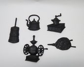 Set of 5 Cast Iron MCM Decorative Kitchen Wall Decor butter churn, coffee grinder, food mill, bellows, kettle