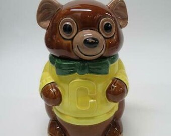 Bowtie Brown Bear Vintage Ceramic Cookie Jar Yellow