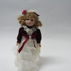 VTG Bisque Porcelain Doll Collectors Choice Red Black White Lace Dress