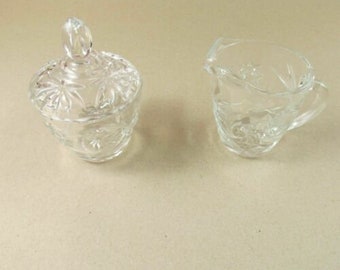 EAPG Glass Sugar Bowl With Lid And Cream Pitcher Anchor Hocking Star of David