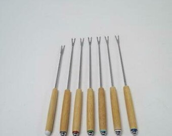 Fondue Fork Set 6 Wood Handle Color Ends