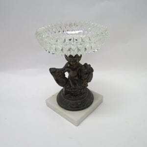 Vintage Brass Cut Crystal Marble Base Mermaid Fish Candy Nut Stand Dish