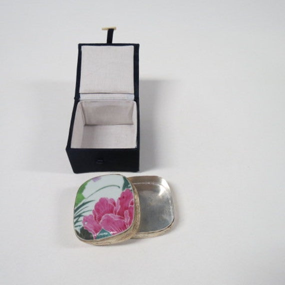 Silverplated Floral Enamel Trinket Box Vanity Mak… - image 1