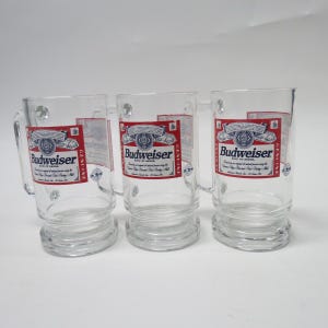 Set di 3 boccali da birra Budweiser vintage, bicchieri e boccali con manico trasparente