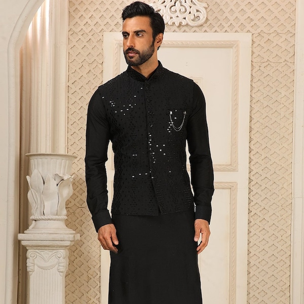 Black Kurta Pajama For Men Wedding Party Wear Indian Kurta pajama Vest, Festive Wear Gift Kurta South Asian Traditional Ready To Wear Kurtas