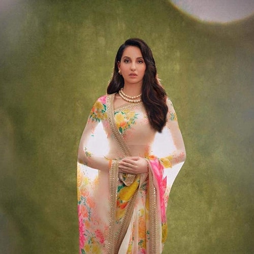 Women's White Saree Blouse Silk Digital Print Bollywood Style Floral Indian Sari