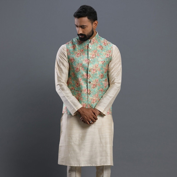 Trending Mens Kurta Pajama Wedding Party Wear Floral Kurtas, Festive Wear Gift Kurta vest Set Indian Traditional Wear Kurtas,Reception Wear