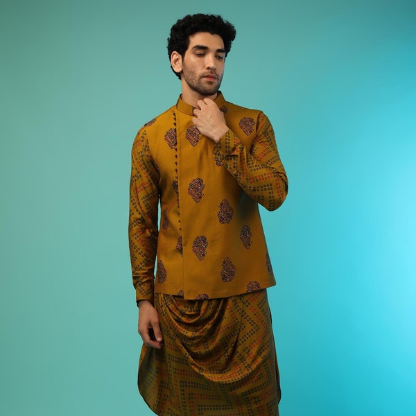 Mustard Yellow Kurta Set For Men Nehru Kurta Jacket Sets Indian Festive, Wedding Party Wear, Traditional Ethnic Wear Groomsmen Kurta Sets