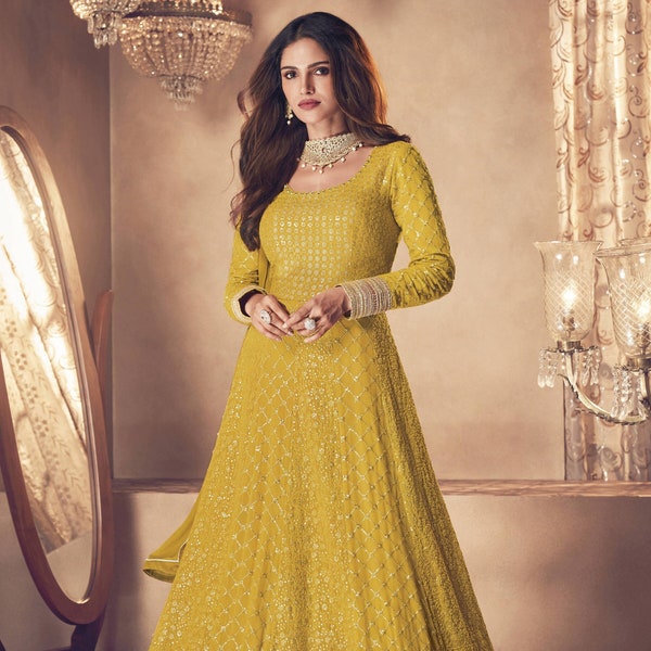 Yellow Designer Anarkali Sawar Kameez Indian Party Wear Dress Wedding Wear Salwar Suits Sangeet,Haldi Function Readymade Floor length Gown