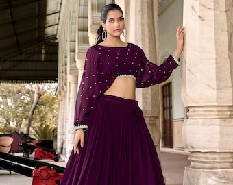 Beau vin Lehenga Choli pour les femmes indiennes Party Wear Designer Lengha Choli Wedding Sangeet Function Wear Indo Western Style Lahnga Choli