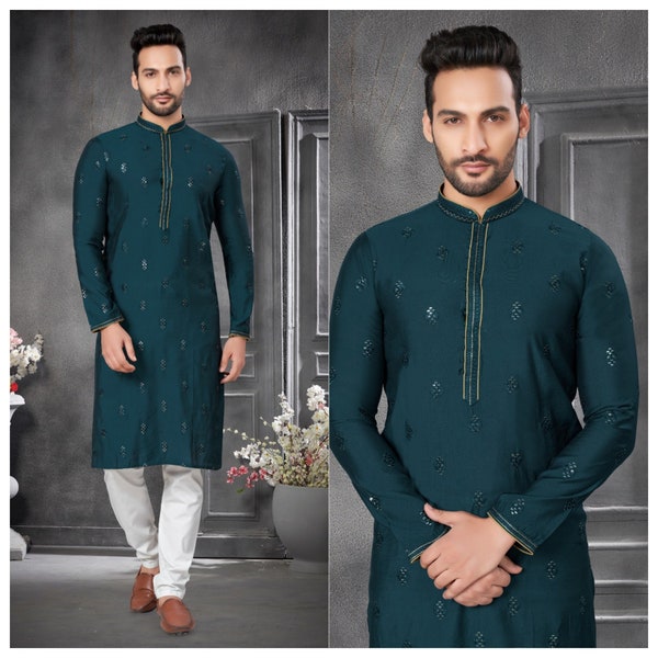 Teal Cotton Kurta Set For Men Indian Wedding Wear Kurta Payjama Party Wear Festive Traditional Groomsmen's Wear Embroidery Kurta Pajama sets