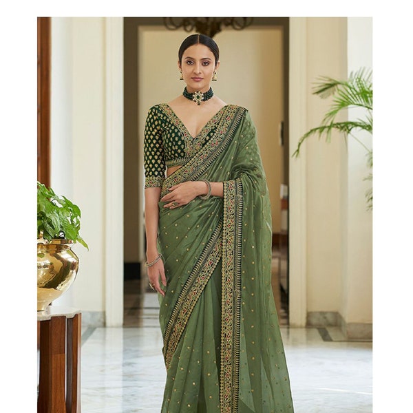 Green Organza Saree Designer Party Wear Sarees Blouse Indian Wedding Bridal Wear Sari Traditional Sari Mahendi Ceremony Bridesmaids Sarees