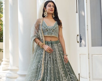 Stoffige groene Lehenga Choli voor vrouwen Indiase feestkleding ontwerper lengha Choli bruiloft bruidsmeisjes Ghagra Choli Sangeet Mahendi functie Lehnga