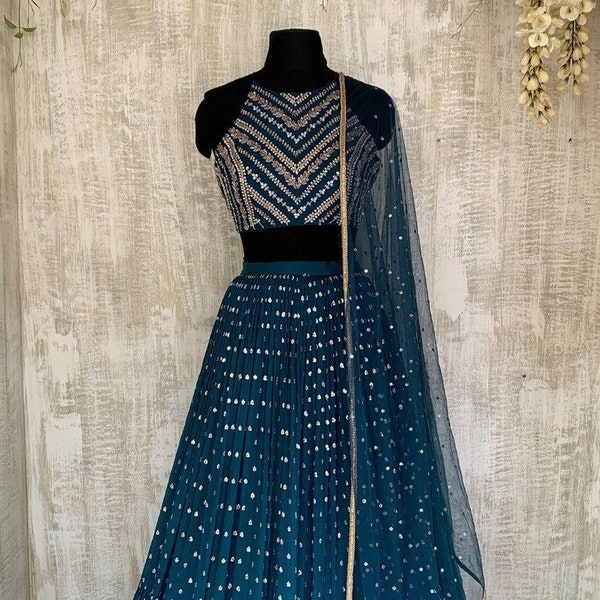 Teal Blue Lehenga Choli For Women Georgette Party Wear Lehenga Choli, Indian Wedding Lahanga Choli Party Wear Lengha Choli Ready To wear