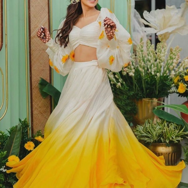 White&Yellow Haldi Special Haldi Lehenga Choli For Women Indian Wedding Party Wear Lengha Choli, Mahendi, Festive, Bridesmaid Ghagra Choli